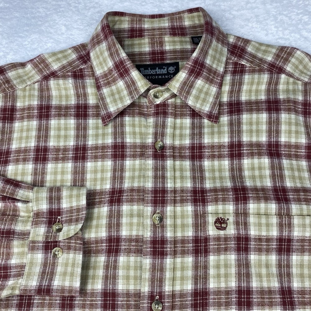 Timberland Performance Shirt Mens Large Burgundy/Tan Plaid Heavyweight